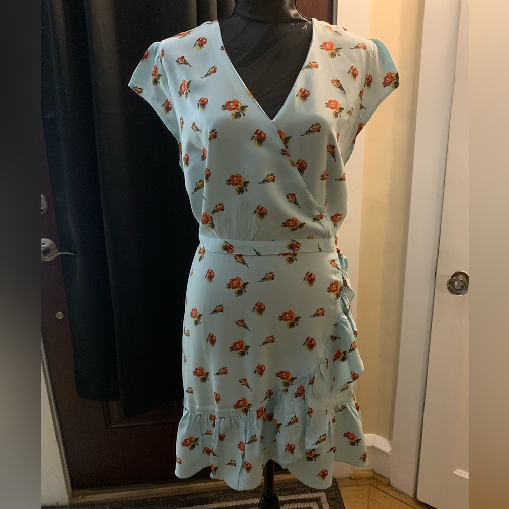 Blue Faux Wrap A-line Sundress with Flutter Sleeves